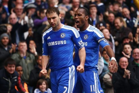 LONDON, ENGLAND - APRIL 07:  Branislav Ivanovic (L) of Chelsea celebrates his goal with Didier Drogba during the Barclays Premier League match between Chelsea and Wigan Athletic at Stamford Bridge on April 7, 2012 in London, England.  (Photo by Clive Mason/Getty Images)