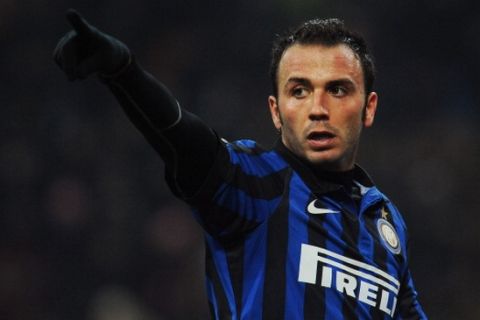 MILAN, ITALY - JANUARY 22:  Giampaolo Pazzini of FC Internazionale Milano gestures during the Serie A match between FC Internazionale Milano and SS Lazio at Stadio Giuseppe Meazza on January 22, 2012 in Milan, Italy.  (Photo by Valerio Pennicino/Getty Images)