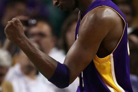 BOSTON - JUNE 08:  Kobe Bryant #24 of the Los Angeles Lakers reacts after the Lakers won 91-84 against the Boston Celtics in Game Three of the 2010 NBA Finals on June 8, 2010 at TD Garden in Boston, Massachusetts. NOTE TO USER: User expressly acknowledges and agrees that, by downloading and/or using this Photograph, user is consenting to the terms and conditions of the Getty Images License Agreement.  (Photo by Elsa/Getty Images)