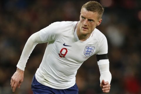 England's Jamie Vardy looks to take a pass during the friendly soccer match between England and Italy at Wembley stadium London, Tuesday, March, 27, 2018. (AP Photo/Alastair Grant)