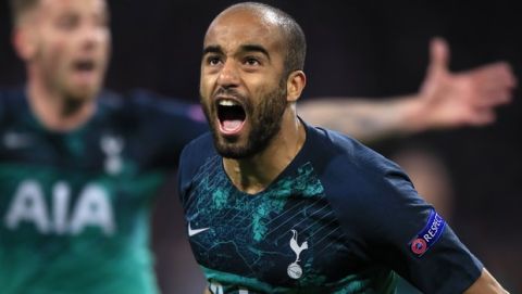 Tottenham's Lucas Moura celebrates after scoring his side's third goal during the Champions League semifinal second leg soccer match between Ajax and Tottenham Hotspur at the Johan Cruyff ArenA in Amsterdam, Netherlands, Wednesday, May 8, 2019. (AP Photo/Peter Dejong)