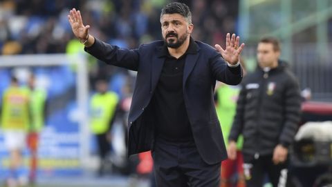 Napoli coach Gennaro Gattuso gesture during the Italian Serie A soccer match between Napoli and Lecce at the San Paolo stadium in Naples, Italy, Sunday, Feb. 9, 2020. (Cafaro/LaPresse via AP)