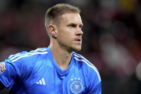 Germany's goalkeeper Marc-Andre ter Stegen during the UEFA Nations League soccer match between Germany and Hungary in Leipzig, Germany, Friday, Sept. 23, 2022. (AP Photo/Michael Sohn)