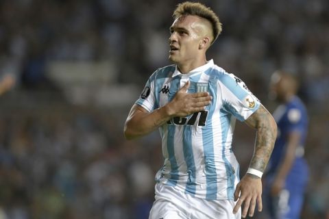 Lautaro Martinez of Argentina's Racing celebrates after scoring against Brazil's Cruzeiro during a Copa Libertadores soccer match in Buenos Aires, Argentina, Tuesday, Feb. 27, 2017. (AP Photo/Pablo Aharonian)