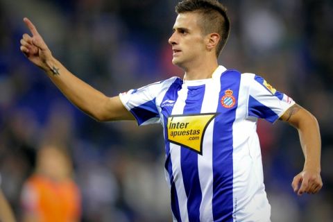 Espanyol's Javi Marquez celebrates his goal against Malaga on November 6, 2010 during a Spanish League football match at the Cornella-El Parat Stadium in Cornella. 
 AFP PHOTO / JOSEP LAGO (Photo credit should read JOSEP LAGO/AFP/Getty Images)