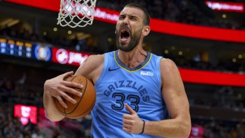 Memphis Grizzlies center Marc Gasol reacts to a play during the second half of the team's NBA basketball game against the Utah Jazz on Friday, Nov. 2, 2018, in Salt Lake City. (AP Photo/Alex Goodlett)