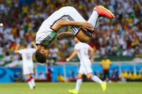 FORTALEZA, BRAZIL - JUNE 21:  Miroslav Klose of Germany does a flip in celebration of scoring his team's second goal during the 2014 FIFA World Cup Brazil Group G match between Germany and Ghana at Castelao on June 21, 2014 in Fortaleza, Brazil.  (Photo by Martin Rose/Getty Images)