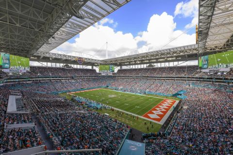 A general overall interior view of the Hard Rock Stadium as the New England Patriots take on the Miami Dolphins during an NFL football game, Sunday, Oct. 29, 2023, in Miami Gardens, Fla. The 2026 World Cup final will be played at MetLife Stadium in East Rutherford, N.J., on July 19. FIFA made the announcement Sunday, Feb. 4, 2024, at a Miami television studio, allocating the opener of the 39-day tournament to Mexico Citys Estadio Azteca on June 11. Quarterfinals will be at Gillette Stadium in Foxborough, Mass., on July 9, at SoFi Stadium in Inglewood, Calif., the following day and at Arrowhead Stadium in Kansas City, Mo., and Hard Rock Stadium in Miami Gardens, Fla., on July 11. (AP Photo/Doug Murray)