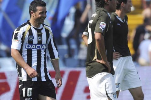 UDINE, ITALY - MAY 08:  Antonio Di Natale (L) of Udinese celebrates after scoring his opening goal during the Serie A match between Udinese Calcio and SS Lazio at Stadio Friuli on May 8, 2011 in Udine, Italy.  (Photo by Dino Panato/Getty Images)