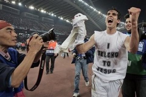 AC Milan's Kaka celebrates  at the end of the Champions League Final soccer match between AC Milan and Liverpool at the Olympic Stadium in Athens Wednesday May 23, 2007. Milan won the match 2-1.  (AP Photo/Ivan Sekretarev)