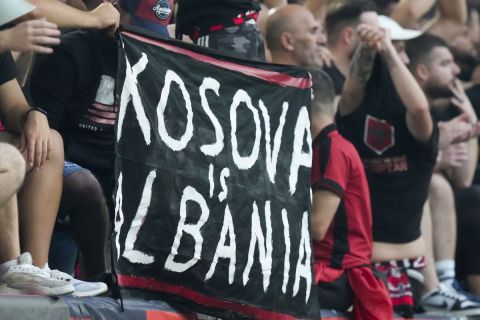 Albanian fans display a banner ''Kosovo is Albania" during a Group B match between Albania and Spain at the Euro 2024 soccer tournament in Duesseldorf, Germany, Monday, June 24, 2024. (AP Photo/Frank Augstein)