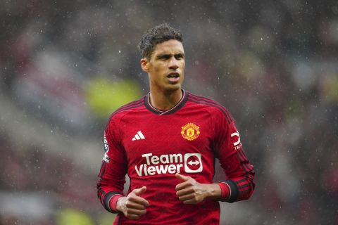 Manchester United's Raphael Varane runs on the pitch during the English Premier League soccer match between Manchester United and Crystal Palace at the Old Trafford stadium stadium in Manchester, England, Saturday, Sept. 30, 2023. (AP Photo/Jon Super)