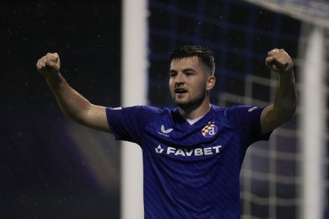 Dinamo's Martin Baturina celebrates after he scored during the Champions League soccer match between Dinamo Zagreb and Monaco at Maksimir stadium in Zagreb, Croatia, Wednesday, Oct. 2, 2024. (AP Photo/Darko Bandic)