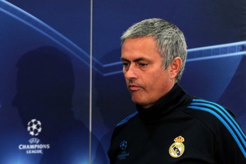 Real Madrid's Portuguese coach Jose Mourinho arrives for a press conference at GSP Stadium in Nicosia on March 26, 2012 on the eve of his team's UEFA Champions League quarter-final football match against APOEL. AFP PHOTO / JACK GUEZ (Photo credit should read JACK GUEZ/AFP/Getty Images)