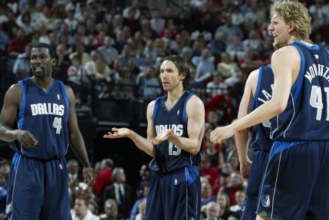 PORTLAND, OR - MAY 2:  Michael Finley #4, Steve Nash #13 and Dirk Nowitzki #41 of the Dallas Mavericks react to a call during Game six against the Portland Trail Blazers at the Western Conference Quarterfinals during the 2003 NBA Playoffs at The Rose Garden on May 2, 2003 in Portland, Oregon.  The Trail Blazers won 125-103.  NOTE TO USER: User expressly acknowledges and agrees that, by downloading and/or using this Photograph, User is consenting to the terms and conditions of the Getty Images License Agreement.  Copyright 2003 NBAE  (Photo by Sam Forencich/NBAE via Getty Images)