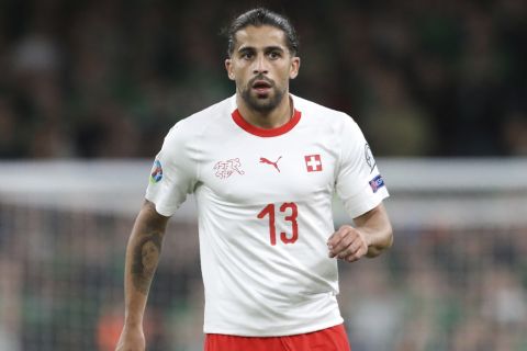 Switzerland's Ricardo Rodriguez during the Euro 2020 group D qualifying soccer match between Ireland and Switzerland at the Aviva stadium in Dublin, Thursday, Sept. 5, 2019. (AP Photo/Peter Morrison)