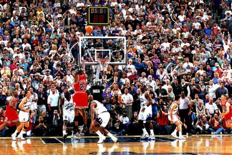 SALT LAKE CITY - JUNE 14:  Michael Jordan #23 of the Chicago Bulls shoots the game-winning jumpshot against Utah Jazz during Game Seven of the1998 NBA Finals on June 14, 1998 at the Delta Center in Salt Lake City, Utah. The Bulls defeated the Jazz 87-86.  NOTE TO USER: User expressly acknowledges and agrees that, by downloading and or using this Photograph, user is consenting to the terms and conditions of the Getty Images License Agreement.  Mandatory Copyright Notice: Copyright 1998 NBAE (Photo by Fernando Medina/NBAE via Getty Images)