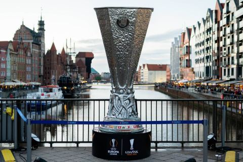 May 22, 2021, Gdansk, Poland: A three-meter replica of the Europa League Cup seen on the Green Bridge in the Main Town in Gdansk. Gdansk is the host of the Europa League final, in which the teams Mancheter United and Villareal CF will play. The final will take place on Wednesday, May 26 at 21:00 at the Polsat Plus Arena Stadium in Gdansk. Gdansk Poland - ZUMAs227 20210522_zip_s227_001 Copyright: xMateuszxSlodkowskix 