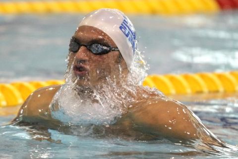 Bronze medallist, Greece's Panagiotis Samilidis, competes in the final of the men's 200-metre breaststroke swimming event in the 31st European Swimming Championships in Debrecen on May 24, 2012.  AFP PHOTO / FERENC ISZA        (Photo credit should read FERENC ISZA/AFP/GettyImages)