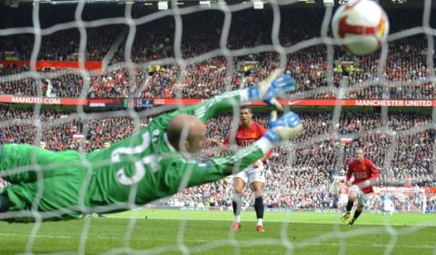 Manchester United  v Liverpool, F.A. Premier League match, Old Trafford, Manchester. 14/03/09. Pic: Tom Jenkins.
Cristiano Ronaldo beats Pepe Reina from the penalty spot to give United the lead. 