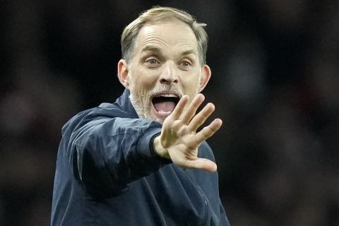 FILE - Bayern's head coach Thomas Tuchel reacts during the Champions League quarter final first leg soccer match between Arsenal and Bayern Munich at the Emirates Stadium, London, Tuesday, April 9, 2024. (AP Photo/Frank Augstein, File)