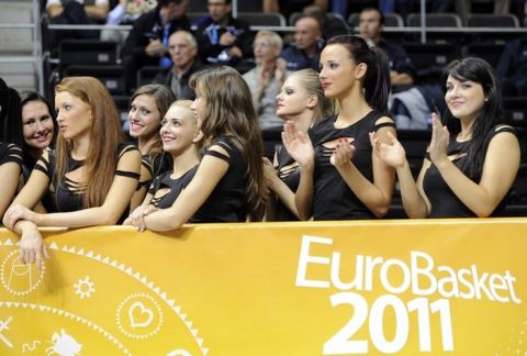 Cheerleaders watch a game Germany vs Israel during a 2011 European championship qualifying round, group B basketball game in Siauliai on August 31, 2011. AFP PHOTO / JANEK SKARZYNSKI (Photo credit should read JANEK SKARZYNSKI/AFP/Getty Images)