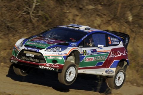 VILLA CARLOS PAZ, ARGENTINA - MAY 26:  Mikko Hirvonen of Finland and Jarmo Lehtinen of Finland compete in their Ford Abu Dhabi WRT Ford Fiesta RS WRC during the Shakedown of the WRC Rally Argentina  on May 26, 2011 in Villa Carlos Paz, Argentina.  (Photo by Massimo Bettiol/Getty Images)