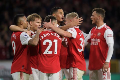 Wolverhampton Wanderers v Arsenal Premier League Martin Odegaard of Arsenal (2nd left) celebrates after scoring his team