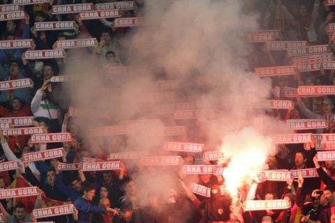 Montenegro fans react during their World Cup group H qualifying soccer match against England at City Stadium in Podgorica, Montenegro, Tuesday, March 26, 2013. (AP Photo/Darko Vojinovic)