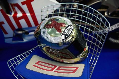 VALENCIA, SPAIN - NOVEMBER 05:  A detail view of Jorge Lorenzo's new helmet  covered with Swarovski crystals for the upcoming Valencia MotoGP race at Ricardo Tormo Circuit on November 5, 2010 in Valencia, Spain.  (Photo by Mirco Lazzari gp/Getty Images)