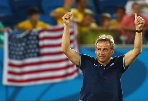 NATAL, BRAZIL - JUNE 16:  Jurgen Klinsmann of the United States celebrates his team's 2-1 victory over Ghana in the 2014 FIFA World Cup Brazil Group G match between Ghana and the United States at Estadio das Dunas on June 16, 2014 in Natal, Brazil.  (Photo by Robert Cianflone/Getty Images)