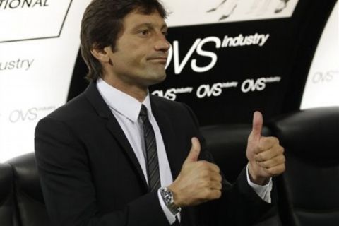 Inter Milan Brazilian coach Leonardo gives the thumbs-up signprior to the Italian Cup, second-leg, semifinal match between Inter Milan and AS Roma, at the San Siro stadium in Milan, Italy, Wednesday, May 11, 2011. (AP Photo/Luca Bruno)