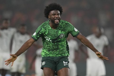 Nigeria's Victor Boniface celebrates after his team won the penalty shootout during the African Cup of Nations semifinal soccer match between Nigeria and South Africa, at the Peace of Bouake stadium in Bouake Bouake, Ivory Coast, Wednesday, Feb. 7, 2024. (AP Photo/Themba Hadebe)