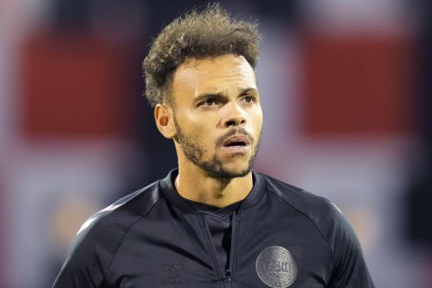 Denmark's Martin Braithwaite lines up ahead of the UEFA Nations League soccer match between Croatia and Denmark at the Maksimir stadium in Zagreb, Croatia, Thursday, Sept. 22, 2022. (AP Photo/Darko Bandic)