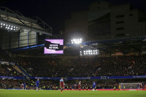 VAR no goal decision for West Ham during the English Premier League soccer match between Chelsea and West Ham at Stamford Bridge Stadium in Lonodn, England, in London, England, Saturday, Nov. 30, 2019. (AP Photo/Leila Coker)