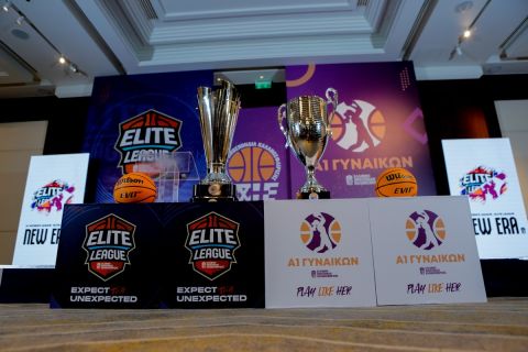 Τα τρόπαια του πρωταθλητή σε Elite League (αριστερά) και Α1 Γυναικών (δεξιά)