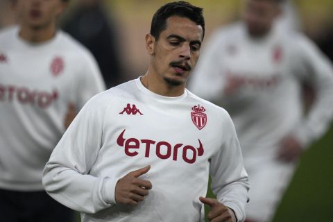 Monaco's Wissam Ben Yedder warms up before the Europa League playoff second leg soccer match between AS Monaco and Bayer Leverkusen at the Stade Louis II in Monaco, Thursday, Feb. 23, 2023. (AP Photo/Daniel Cole)