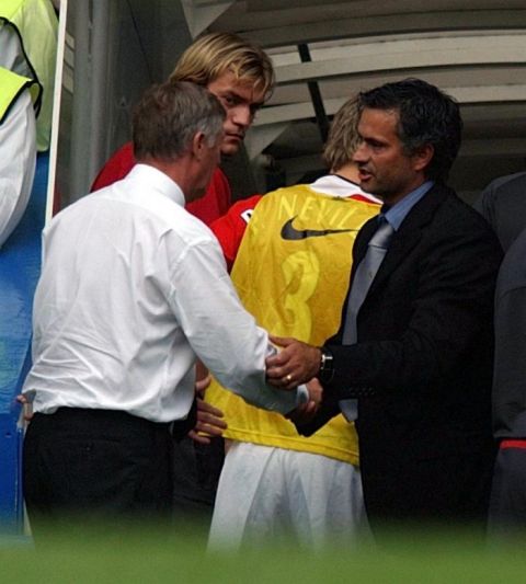 Chelsea manager Jose Mourinho (right) and his Manchester United  counterpart Alex Ferguson shake hands at end of the  Premiership match between their two sides at Stamford Bridge, London. THIS PICTURE CAN ONLY BE USED WITHIN THE CONTEXT OF AN EDITORIAL FEATURE. NO WEBSITE/INTERNET USE UNLESS SITE IS REGISTERED WITH FOOTBALL ASSOCIATION PREMIER LEAGUE.