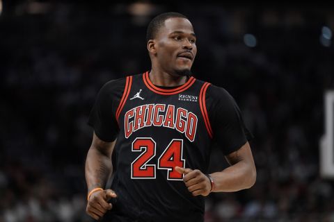 Chicago Bulls' Javonte Green during the second half of Game 2 of their first round NBA playoff basketball game Wednesday, April 20, 2022, in Milwaukee. The Bulls won 114-110 to tie the series at 1-1. (AP Photo/Morry Gash)