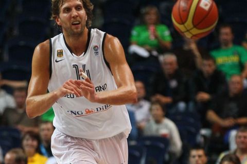 VILNIUS, LITHUANIA - SEPTEMBER 07: Dirk Nowitzki of Germany runs with the ball during the EuroBasket 2011 second round group A match between Germany and Spain at Siemens Arena on September 7, 2011 in Vilnius, Lithuania. (Photo by Christof Koepsel/Bongarts/Getty Images)