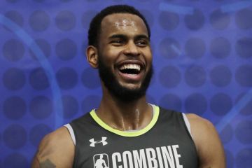 Dewan Hernandez speaks with the media during the second day of the NBA draft basketball combine in Chicago, Friday, May 17, 2019. (AP Photo/Nam Y. Huh)