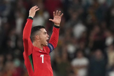 Portugal's Cristiano Ronaldo celebrates after the UEFA Nations League soccer match between Portugal and Scotland at the Luz stadium in Lisbon, Portugal, Sunday, Sept. 8, 2024. (AP Photo/Armando Franca)