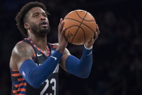 New York Knicks guard Wesley Matthews shoot a free throw during the second half of an NBA basketball game against the Detroit Pistons, Tuesday, Feb. 5, 2019, at Madison Square Garden in New York. The Pistons won 105-92. (AP Photo/Mary Altaffer)