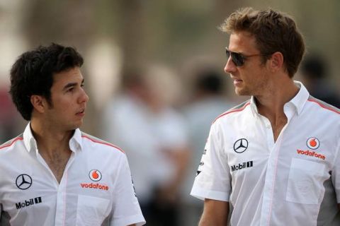 (L to R): Sergio Perez (MEX) McLaren and Jenson Button (GBR) McLaren.
Formula One World Championship, Rd4, Bahrain Grand Prix, Practice, Bahrain International Circuit, Sakhir, Bahrain, Friday 19 April 2013.