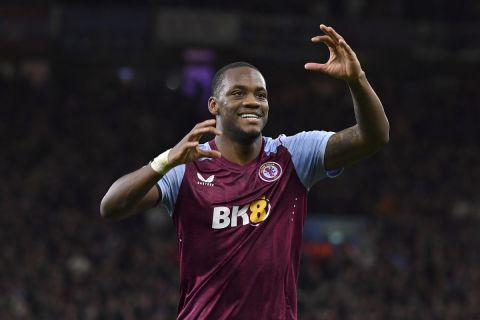 Aston Villa's Jhon Duran celebrates after scoring his side third goal during the Europa Conference League round of 16 second leg soccer match between Aston Villa and Ajax at Villa Park in Birmingham, England, Thursday, March 14, 2024. (AP Photo/Rui Vieira)