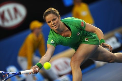 Kim Clijsters of Belgium plays a stroke during her womens singles final against Li Na of China on the thirteenth day of the Australian Open tennis tournament in Melbourne on January 29, 2011.     IMAGE STRICTLY RESTRICTED TO EDITORIAL USE        STRICTLY NO COMMERCIAL USE      AFP PHOTO/Nicolas ASFOURI (Photo credit should read NICOLAS ASFOURI/AFP/Getty Images)