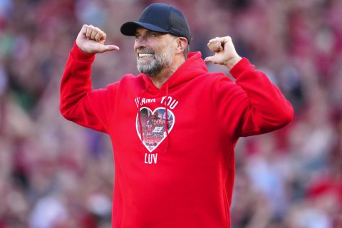 Liverpool's manager Jurgen Klopp reacts after the English Premier League soccer match between Liverpool and Wolverhampton Wanderers at Anfield Stadium in Liverpool, England, Sunday, May 19, 2024. (AP Photo/Jon Super)