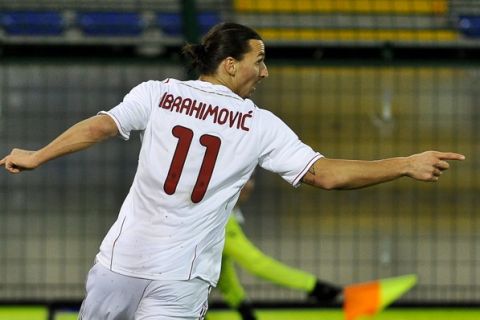 AC Milan's Swedish forward Zlatan Ibrahimovic celebrates after scoring against Cagliari on December 20, 2011 during their Italian Serie A football match at Cagliari's Sant'Elia comunal stadium.  AFP PHOTO / ANDREAS SOLARO (Photo credit should read ANDREAS SOLARO/AFP/Getty Images)