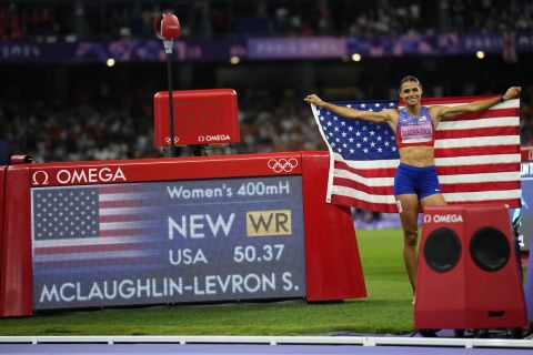 Sydney McLaughlin-Levrone, of the United States, poses by the race clock after winning the women's 400-meters hurdles final at the 2024 Summer Olympics, Thursday, Aug. 8, 2024, in Saint-Denis, France. (AP Photo/Petr David Josek)