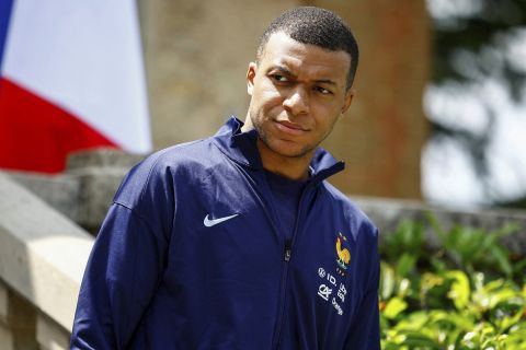 French soccer player Kylian Mbappe is photographed at the national soccer team training center in Clairefontaine, west of Paris, Monday, June 3, 2024 ahead of the UEFA Euro 2024. (Sarah Meyssonnier/Pool Photo via AP)